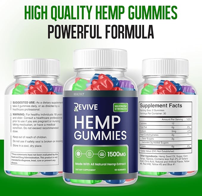 (2 Pack) Revive Gummies - Revive Hemp Gummies Premium Hemp Blend Revive Hemp Advanced Formula Hemp Extract Supplement Revive Hemp Gummy Big Size 25mg Per Gummy 1500mg Per Bottle New (120 Gummies)