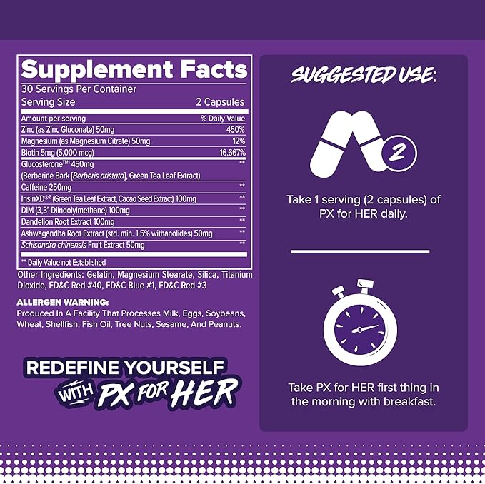 FINAFLEX PX for HER - 60 Capsules - Improves Thermogenic Metabolism with Caffeine Ashwagandha &amp DIM - 30 Servings