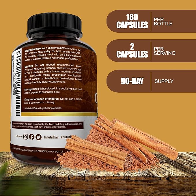 NutriFlair Organic Ceylon Cinnamon (100% Certified Organic Ceylon Cinnamon) 1200mg per Serving 180 Capsules - Joints Inflammatory Antioxidant