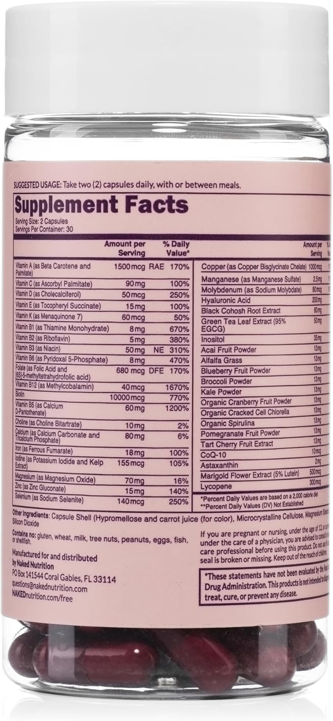 NAKED Nutrition Women's Multi - Daily Multivitamin - Vitamins A C E Selenium Zinc Fruit and Super Green Extracts to Boost Immune Support - Gluten-Free and Vegetarian Vitamins 60 Capsules