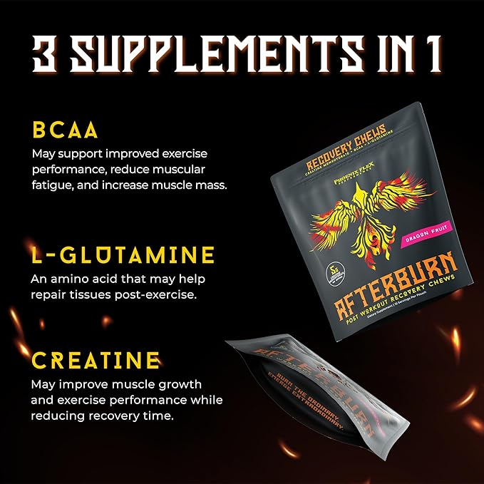 After Burn Creatine Monohydrate Chews - BCAAs &amp L-Glutamine - Gummies - Pre/Post Workout Recovery for Men &amp Women - Strength Energy Endurance - Muscle Growth - Immune Function