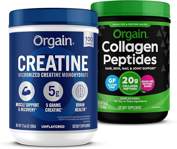 Orgain Creatine Monohydrate Powder 17.64 Oz (100 Servings) &amp Collagen Peptides Powder 1lb (20g Grass Fed) Bundle - Unflavored Non-GMO Supplements for Muscle Brain Skin &amp Joint Support