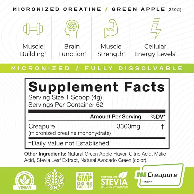 Muscle Feast Creapure - Micronized Creatine Monohydrate Powder | Premium Pre-Workout or Post-Workout | Flavored Creatine for Women &amp Men | Easy to Mix Gluten-Free Safe and Pure (Green Apple 250