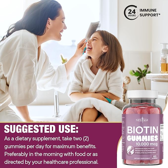 NEW AGE Biotin Gummies – Hair Skin &amp Nails Gummies – 10000 mcg - Non-GMO Supplement for Women Men - Made in USA -120 Count
