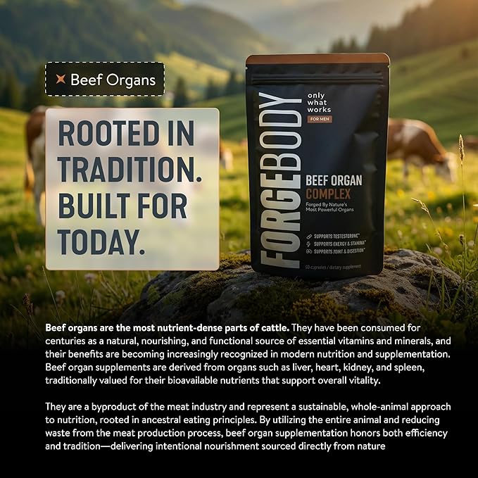 FORGEBODY® Beef Organ Complex Capsules [1 Month] - 100% Grass Fed Beef Organ Supplement with Blend of Liver Heart Bone Marrow Pancreas &amp Testicles - Supports Body Health &amp Brain Function (N