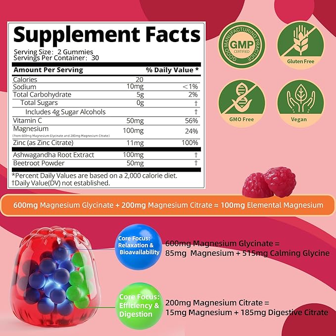 Magnesium Glycinate Gummies Sugar Free Magnesium Supplement w/Ashwagandha Zinc Vegan Magnesium Glycinate Supplement for Adults - 120 Cherry Gummies