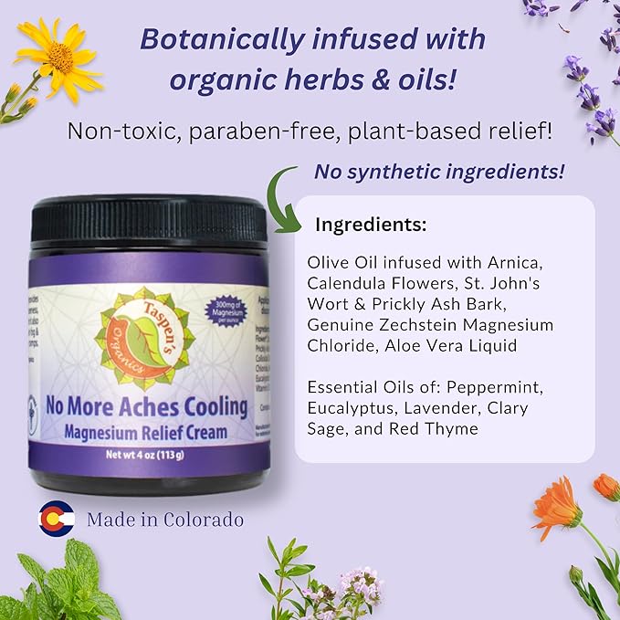 Taspen’s Organics Magnesium No More Aches Cooling Cream – Topical Magnesium Cream for Muscle Relief Sore Muscles &amp Post-Workout Recovery with Arnica Herbs &amp Essential Oils
