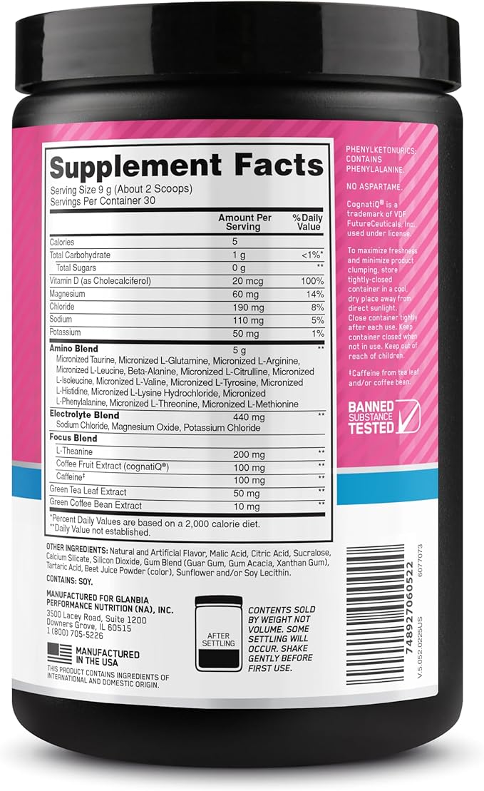 Optimum Nutrition Amino Energy Powder Plus Focus with BCAA Electrolytes and Caffeine Watermelon 30 Servings (Packaging May Vary)
