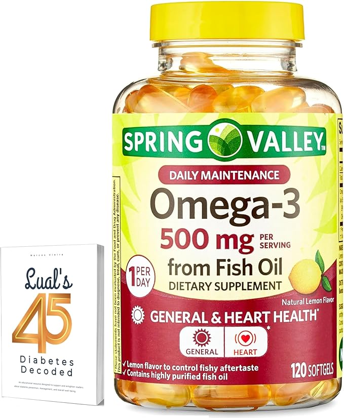 Spring Valley Omega-3 from Fish Oil 500 mg 120 Count SoftGels General &amp Heart Health Dietary Supplement Bundle with Luall's 45 Diabetes Decoded