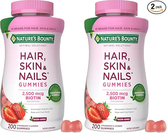 Nature's Bounty Optimal Solutions Hair Skin and Nails Pectin Gummies 2500 mcg Biotin Per Serving No Stick Gummy Vegetarian Formula Strawberry Flavor 200 Count 100 Total Servings (Pack of 2)