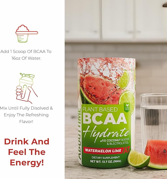 About Time BCAA Hydration Powder Watermelon Lime with L-Glutamine &amp Electrolytes Non-GMO Gluten Free Monk Fruit Coconut Water 20 Servings