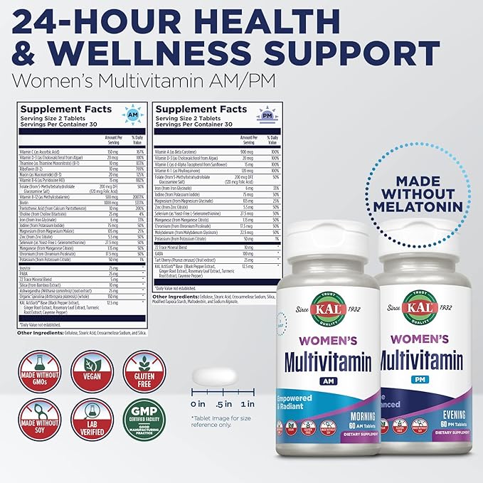KAL Women's Multivitamin AM/PM 2-in-1 Multivitamins for Women with Ashwagandha Silica Organic Spirulina and GABA for Cellular Energy Bone Strength Immune Support Vegan 30 Servings 120 Tablets