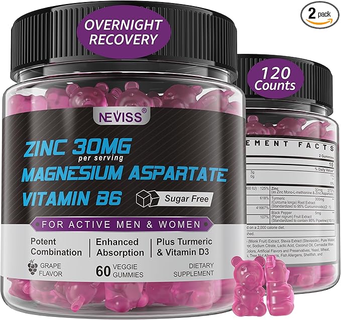 Zinc and Magnesium Supplement Zinc Magnesium Aspartate Post Workout Gummies for Men Women with Vitamin B6 B12 D3 Turmeric for Nighttime Recovery Reduce Fatigue Boost Immunity &amp Sleep 120 C