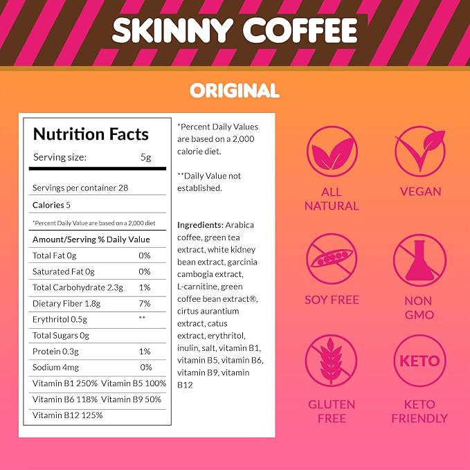 Skinny Boost Instant Skinny Coffee Sticks (Unflavored) - Made with Arabica Coffee Beans Garcinia Cambogia Green Tea Extract B Vitamins Fiber and Prebiotics –Sugar Free-Keto Friendly (28 Packets)
