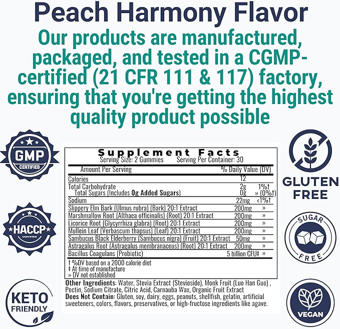 SHIZAM Slippery Elm Mullein Leaf Marshmallow Root Licorice Root Astragalus Root Elderberry &amp Probiotic Bacillus Coagulans Gummies – Sugar-Free Keto-Friendly Vegan - Gymnema Sylvestre