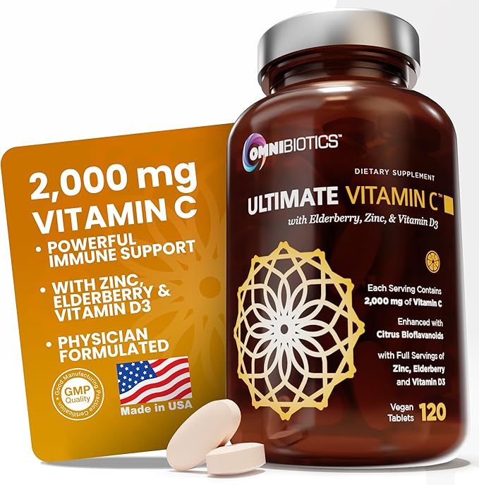 OmniBiotics Ultimate Vitamin C Supplement 2000mg – with Zinc Elderberry Extract and D3 – High Potency Immune Support &amp Collagen Booster – 120 Vegan Tablets