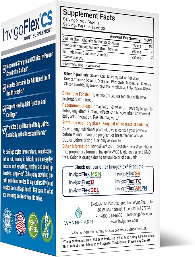 INVIGOFLEX® CS - Chondroitin Sulfate with Turmeric Curcumin Non GMO for Knee Hand Back &amp Hip Premium Joint Supplement