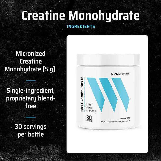 Swolverine Creatine Monohydrate Powder - 5g Micronized Creatine Third-Party Tested Single-Ingredient Supports Muscle Strength Power Recovery &amp High-Intensity Performance 30 Servings Unflavo