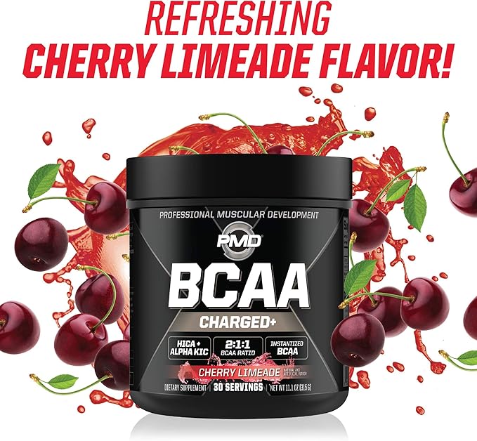 PMD Sports BCAA Charged Delicious Amino Acid Drink Mix for Performance Recovery Endurance and Hydration - Increase Muscle Function for Workout and Daily Energy – Cherry Limeade (30 Servings)