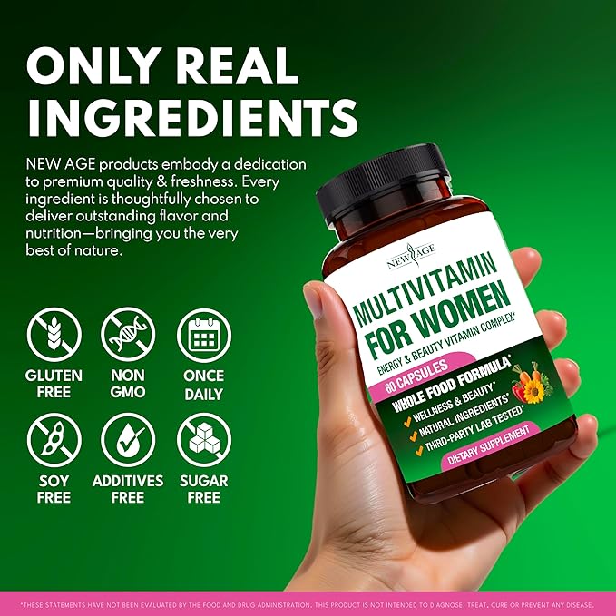 NEW AGE Multivitamin for Women - B-Complex Whole Foods Hair Support Iron - All in1 Womens Multivitamin - Bioavailable &amp Gentle on Stomach - Made in USA - 120 Count
