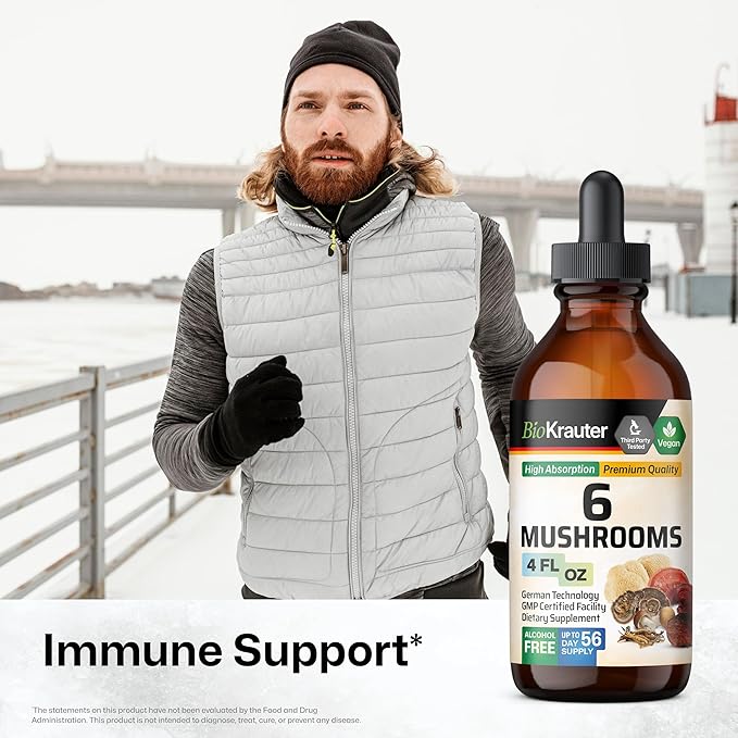 BIO KRAUTER® 6-in-1 Mushroom Complex with Lion’s Mane Chaga Reishi Cordyceps Turkey Tail &amp Shiitake - Vegan Mushroom Supplement for Immune Support - Natural Focus &amp Brain Support 4 Fl. Oz.