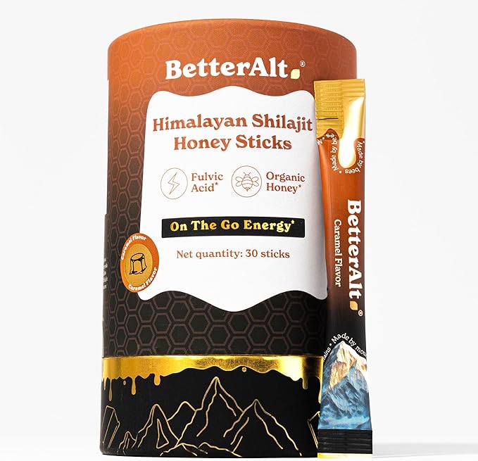 Better Alt Pure Himalayan Shilajit Caramel Honey Sticks with Organic Honey| Easy to Consume Shilajit| 30 Sticks for Energy Boost &amp Immune Support 85+ Trace Minerals 75%+ Fulvic Acid