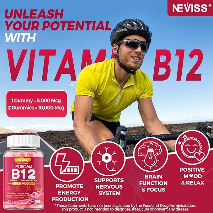 Methyl B12 Gummies 5000 mcg 10000 mcg w/L-Methylfolate B6 D3 Vitamin C Lion's Mane Mushroom L-Theanine CoQ10 Extra Strength Vitamin B12 Gummies Supplement - Energy Focus Brain &amp Immunity 1