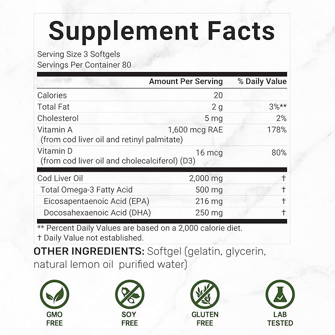 Wild Caught Cod Liver Oil 2000mg Per Serving 240 Softgels – Extra Strength EPA DHA Omega 3 with Vitamin D &amp A – Burpless Lemon Flavored – Vision Heart Brain &amp Immune Support