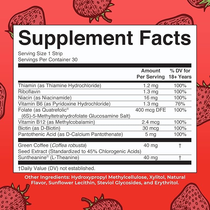 Energy Dissolving Strips by MaryRuth's | Biotin | Vitamin B12 | Vitamin B6 | B Vitamin Complex | Support Energy Levels | L Theanine | Sugar Free | Strawberry Flavor | Vegan | Gluten Free | 30 Count