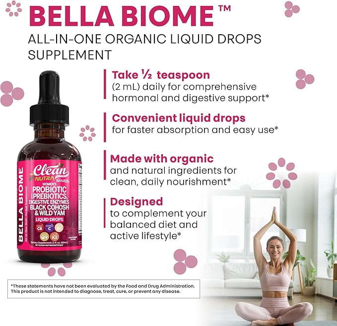 Liquid Probiotics for Women Drops with Chasteberry Black Cohosh Prebiotics Digestive Enzymes Evening Primrose Oil Wild Yam Cranberry Dmannose and Iron Vitamin D3 K2 Clean Nutra Bella Biotics (2)