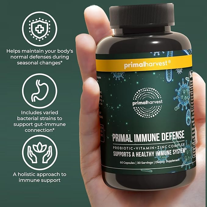 Primal Harvest Primal Immune Defense: 10-in-1 Immune Support with Probiotics Zinc Vitamins C B6 D3 &amp K2 Immune Booster for Adults 60 Capsules (2-Pack)