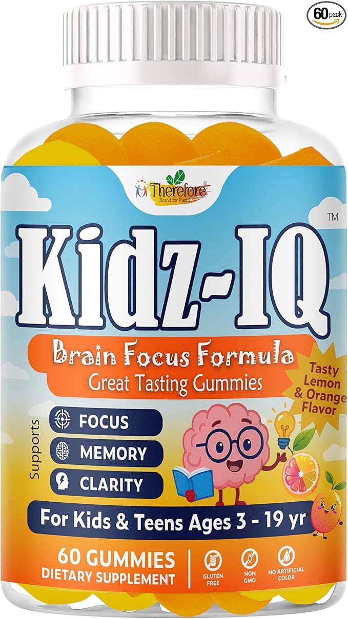 Kidz IQ Focus Gummies for Kids &amp Teens Omega 3 DHA Brain Vitamins for Kids Brain Supplements for Memory and Focus Orange Flavor Non-GMO Gluten-Free – 60 Gummies