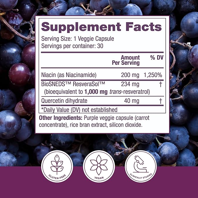 Reserveage NAD Resveratrol Plus+ - Antioxidant Support for Brain Health Heart Health Cellular Energy &amp More - 30 Veggie Capsules (30 Servings)