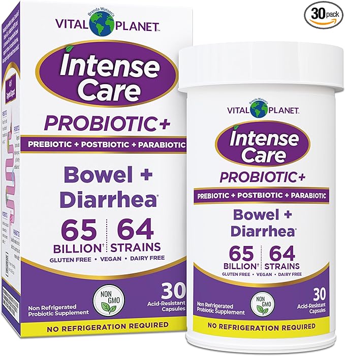 Vital Planet - Intense Care Bowel and Diarrhea Probiotic Supplement with Organic Prebiotics Postbiotics and Parabiotics Lactobacillus Rhamnosus and Saccharomyces 65 Billion CFU 64 Strains 30 Ct