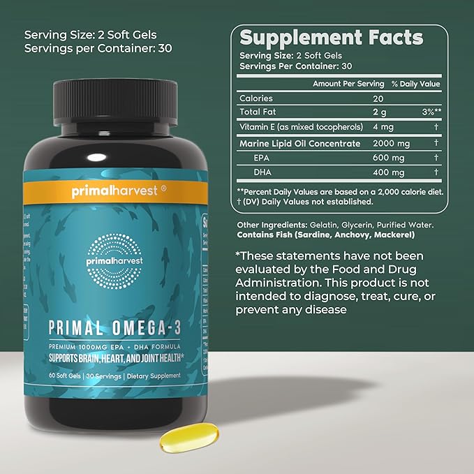 Primal Harvest Omega 3 Fish Oil Supplements 30 Servings Soft Gels Capsules w/ 1000mg EPA + DHA Supplements No Fishy Burps Non-GMO Omega 3 Fatty Acid 2 Pack