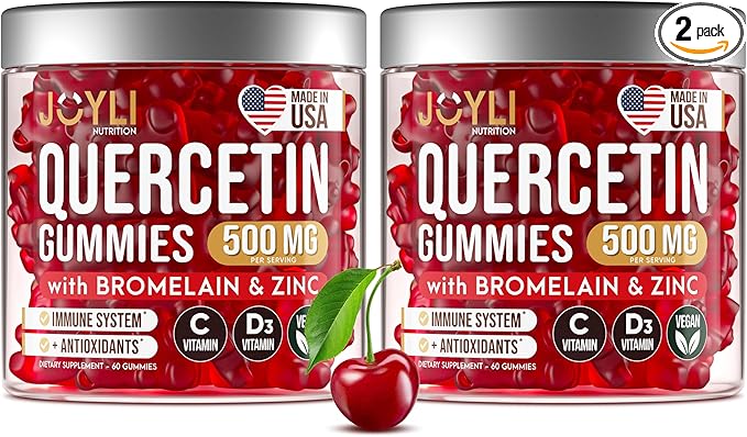 2 Pack - JOYLI Quercetin Gummies with Bromelain Zinc Vitamin C &amp D3 – Sugar-Free Quercetin Supplement for Immune Support &amp Seasonal Wellness – 500mg Quercetin for Kids &amp Adults – 60 Gumm