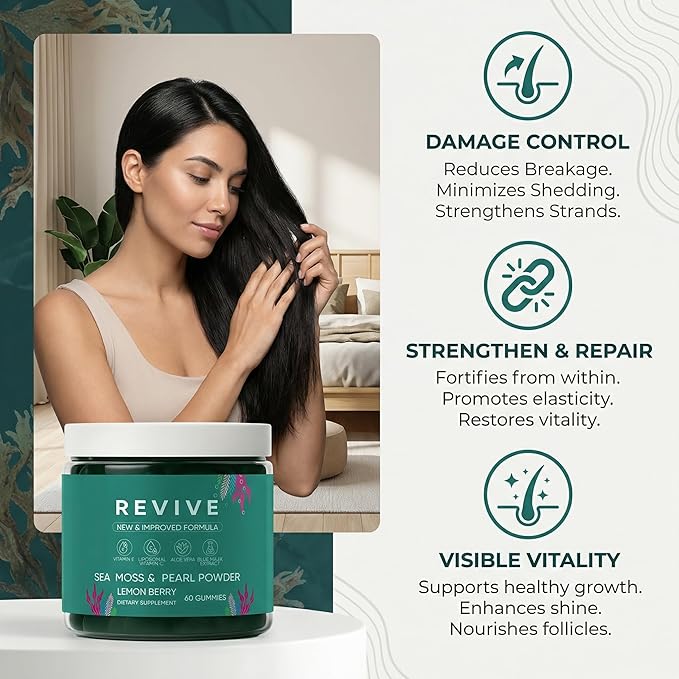 Balmbare Revive Gummies for Hair Loss - Sea Moss Gummies with Vitamin C Vitamin E Aloe Vera Pearl Powder Supports Faster Hair Growth Stronger Nails Healthy Skin Extra Strength - 60 Count