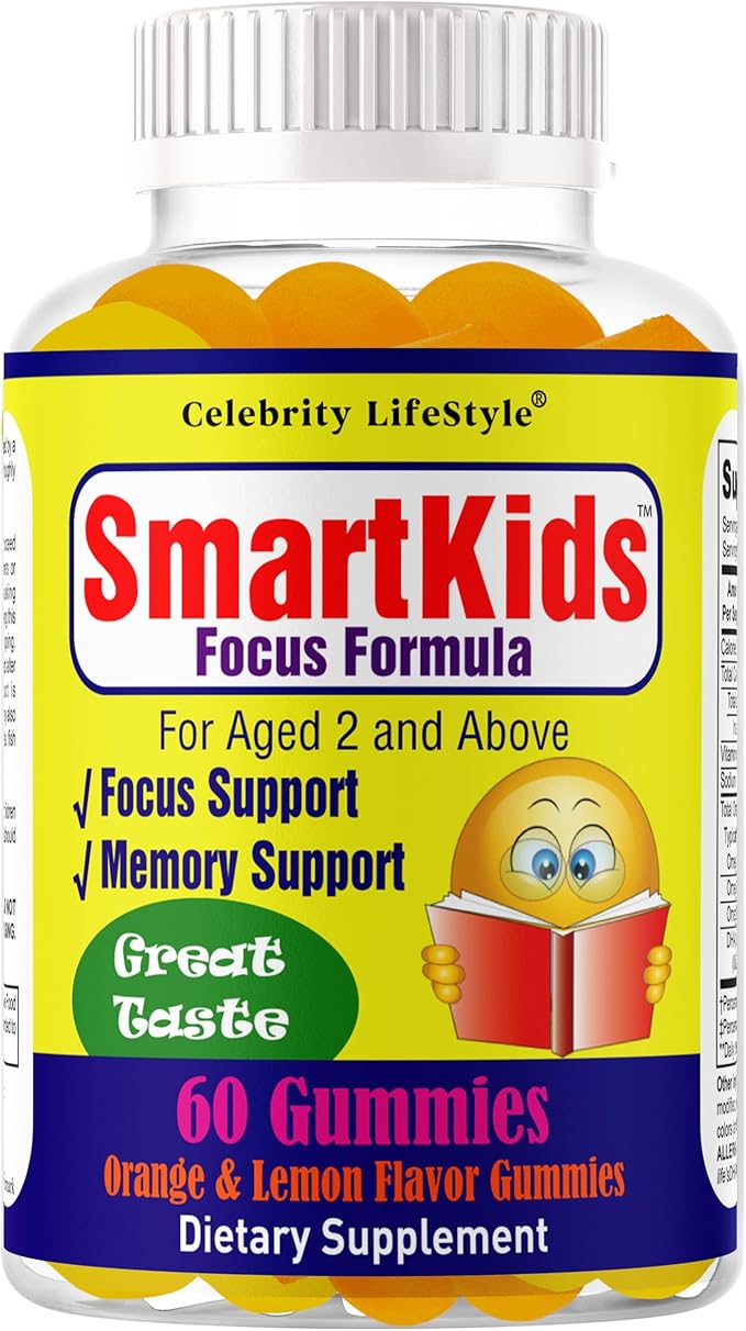 Smart Kids Focus Gummies with Omega 3 6 9 DHA Brain Support Teen Vitamin Kids Focus and Attention Supplements Vegetarian Memory Supplement for Brain Orange Flavor 60 Gummies
