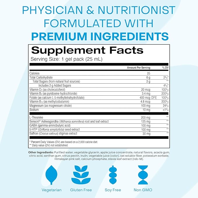 Healthycell Calm Mood Daily Liquid Supplement - Cortisol Manager &amp Mood Support Supplement for Stress with Ashwagandha L-Theanine Magnesium 5-HTP GABA &amp Saffron - 30 Gel Packs