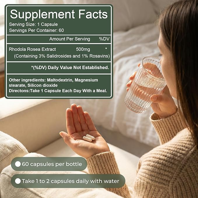 Rhodiola Rosea Supplement – Golden Root Adaptogen Capsules - Rhodiola Rosea Extract Powder Alternative with Salidroside for Stress Support - Energy Focus &amp Performance