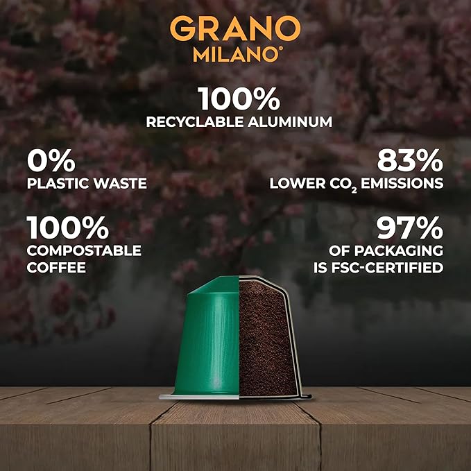 Grano Milano Brasile Coffee Capsules - 50 Aluminum Coffee Pods Compatible with Nespresso Original line100% Arabica Medium Roast - Intensity 7/12 Made in Italy