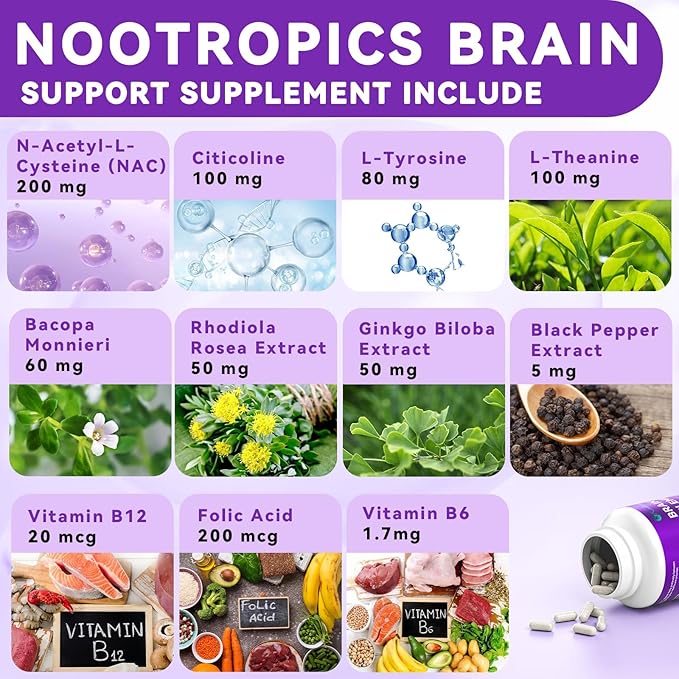 Brain Supplements for Memory and Focus 11 in 1 Brain Supplement with NAC B12 L-Theanine Bacopa Monnieri &amp More - for Brain Cognitive Mental Clarity &amp Concentration - Vegan 30 Caps(30 Se