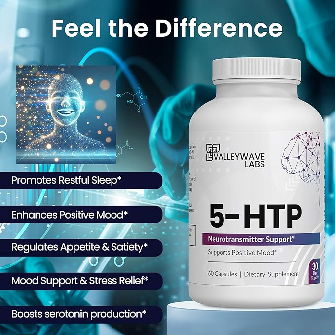 5-HTP - 200mg 5HTP Supplement (5-Hydroxytryptophan) to Support Mood Plus Sleep* Stress Relief* 60 Capsules - 30 Day Supply Made in USA