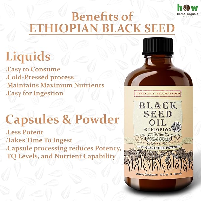 Ethiopian Black Seed Oil 16oz – Cold Pressed Nigella Sativa | High Thymoquinone 3.45% Black Cumin Seed Oil | 100% Pure Unrefined Liquid | Immune Skin Hair &amp Digestive Support | Large Glass Bottl