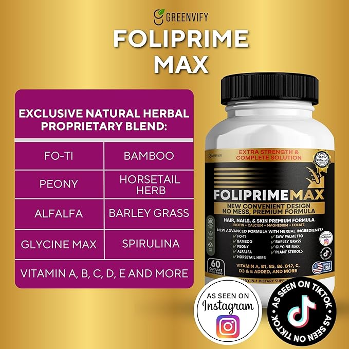Foliprime Max Hair Nails &amp Skin Supplement with Biotin Vitamins Minerals &amp Herbal Blend 60 Capsules (5)