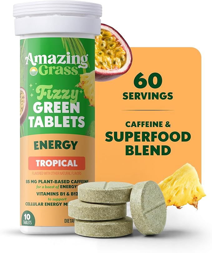 Amazing Grass Fizzy Green Tablets Energy Tropical: Greens + Green Tea Caffeine Water Flavoring Tablet with Antioxidants 60 Count