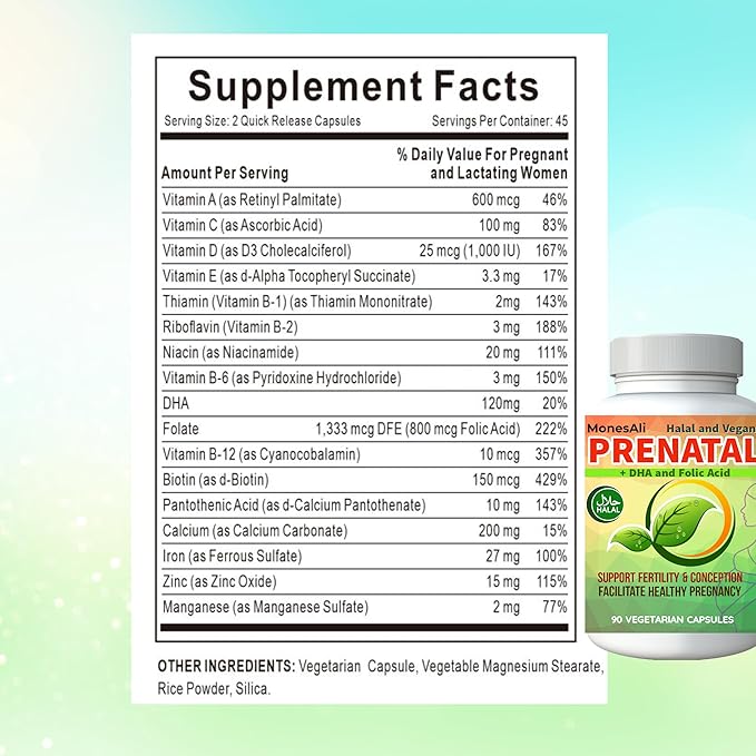 Prenatal Vitamins for Women | Postnatal | Vegan Halal Gelatin Free | with Folate Iron &amp Biotin | Supports Pregnancy Postpartum Energy &amp Hair Health 90 Capsules