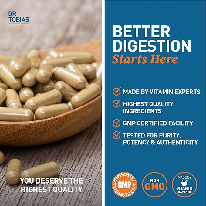 Dr. Tobias Digestive Enzymes with Probiotics Prebiotics and Postbiotics Bromelain Amylase Lipase for Better Digestion &amp Immune Function 120 Capsules 60 Servings (2 Daily)