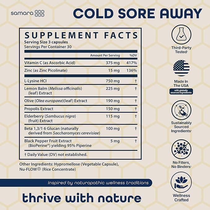 Samara 888 L Lysine Cold Sore Treatment Support Herbal Cold Sore Supplement w/Zinc Picolinate Olive Leaf Extract Beta Glucan &amp Bee Propolis for Skin &amp Lip Health 90 Capsules