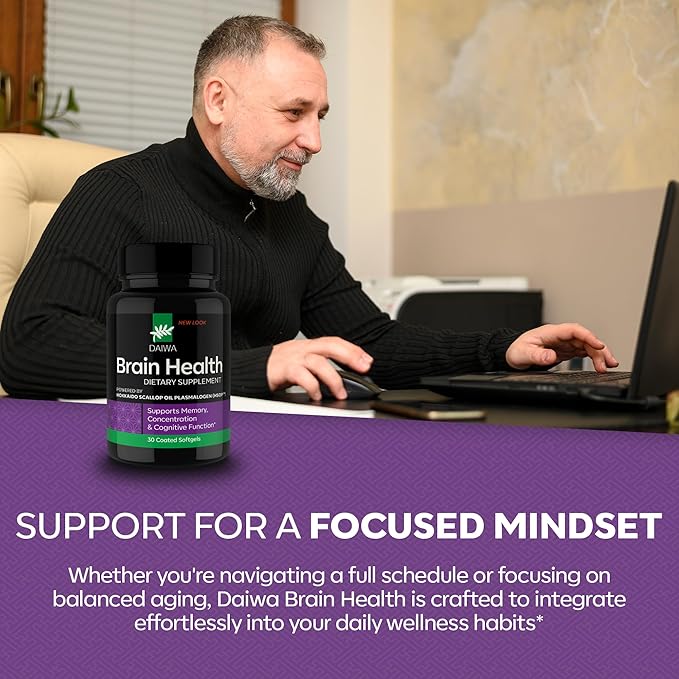 DAIWA Advanced Omega-3 Brain Supplement - Phospholipid Omega Formula with Hokkaido Scallop Oil Plasmalogen for Memory Focus and Cognitive Wellness - 30 Softgels